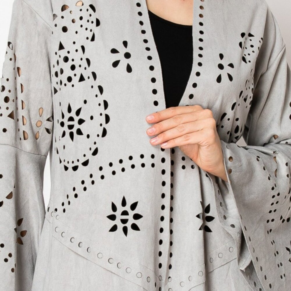 NEW ORIGAMI faux suede duster JACKET kimono cardigan WESTERN BOHO laser cut S-2X - Picture 9 of 10